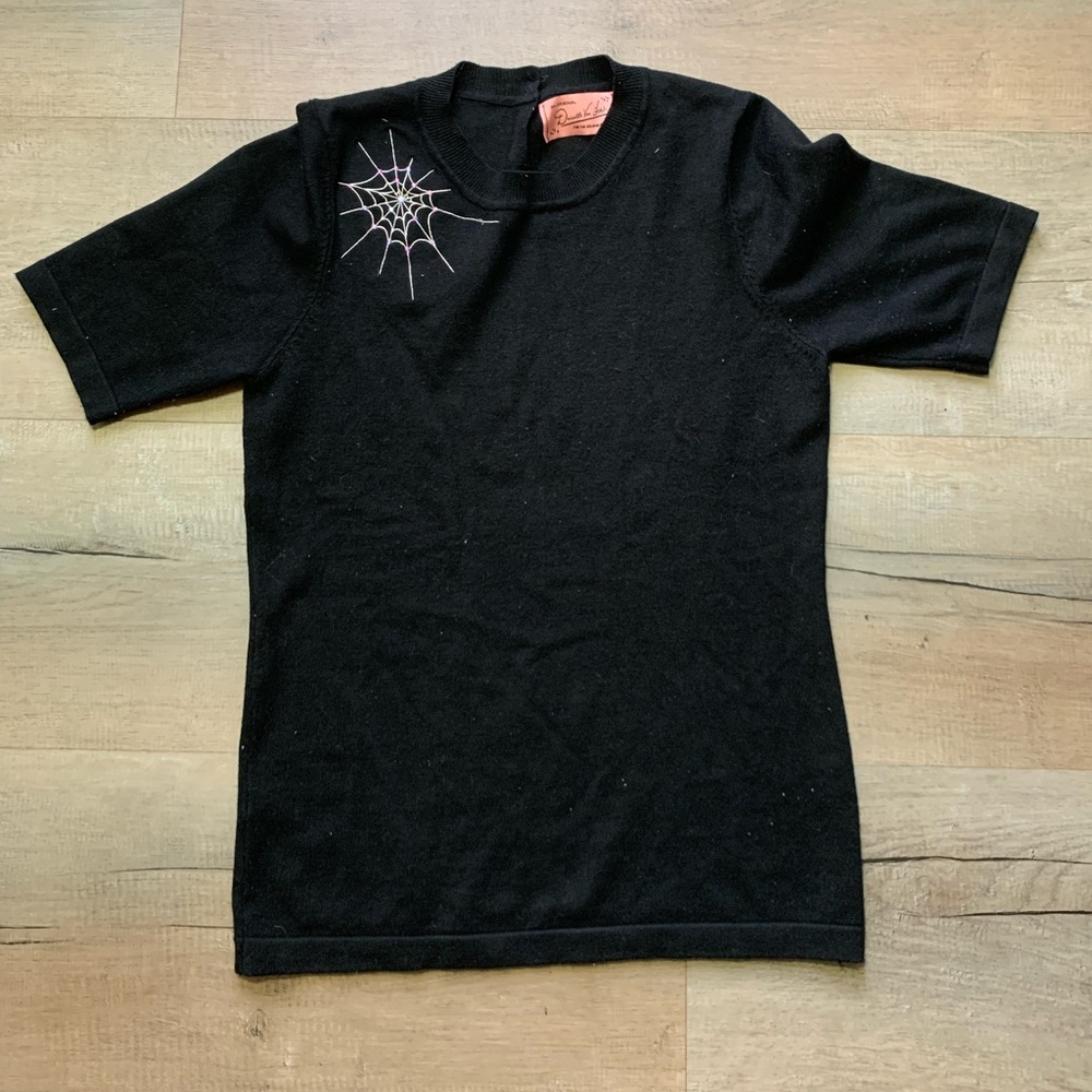 Black Short Sleeve Sweater with Spider Web and Crystal Detail